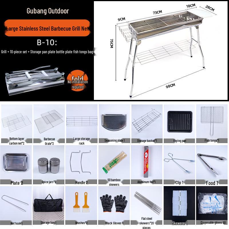 Large Portable Stainless Steel Charcoal BBQ Grill for Outdoor Picnics and Home Use