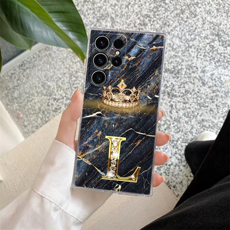 Initial Letter E M I J L Phone Case For Samsung Galaxy S24 S23 Ultra S22 S20 Plus S21 FE Clear Cover Fashion Marble Crown Fundas