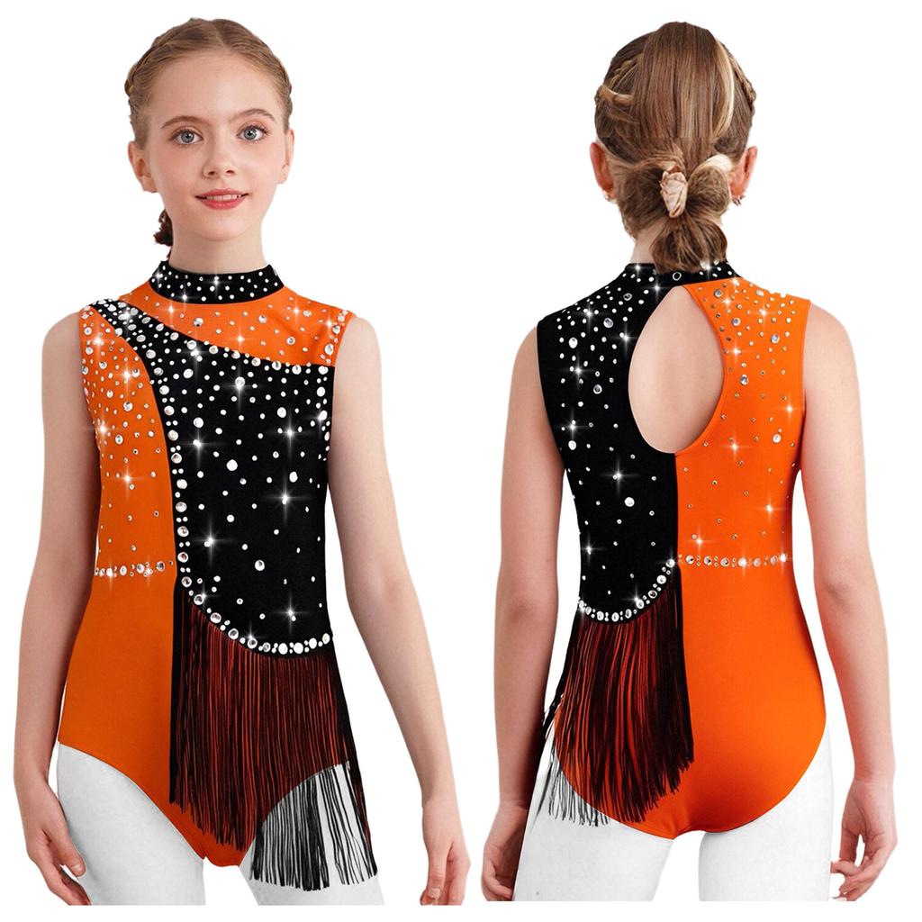 Girls Color Block Gymnastics Leotard with Mock Neck & Keyhole Back, Shiny Rhinestones & Tassels for Dance & Figure Skating