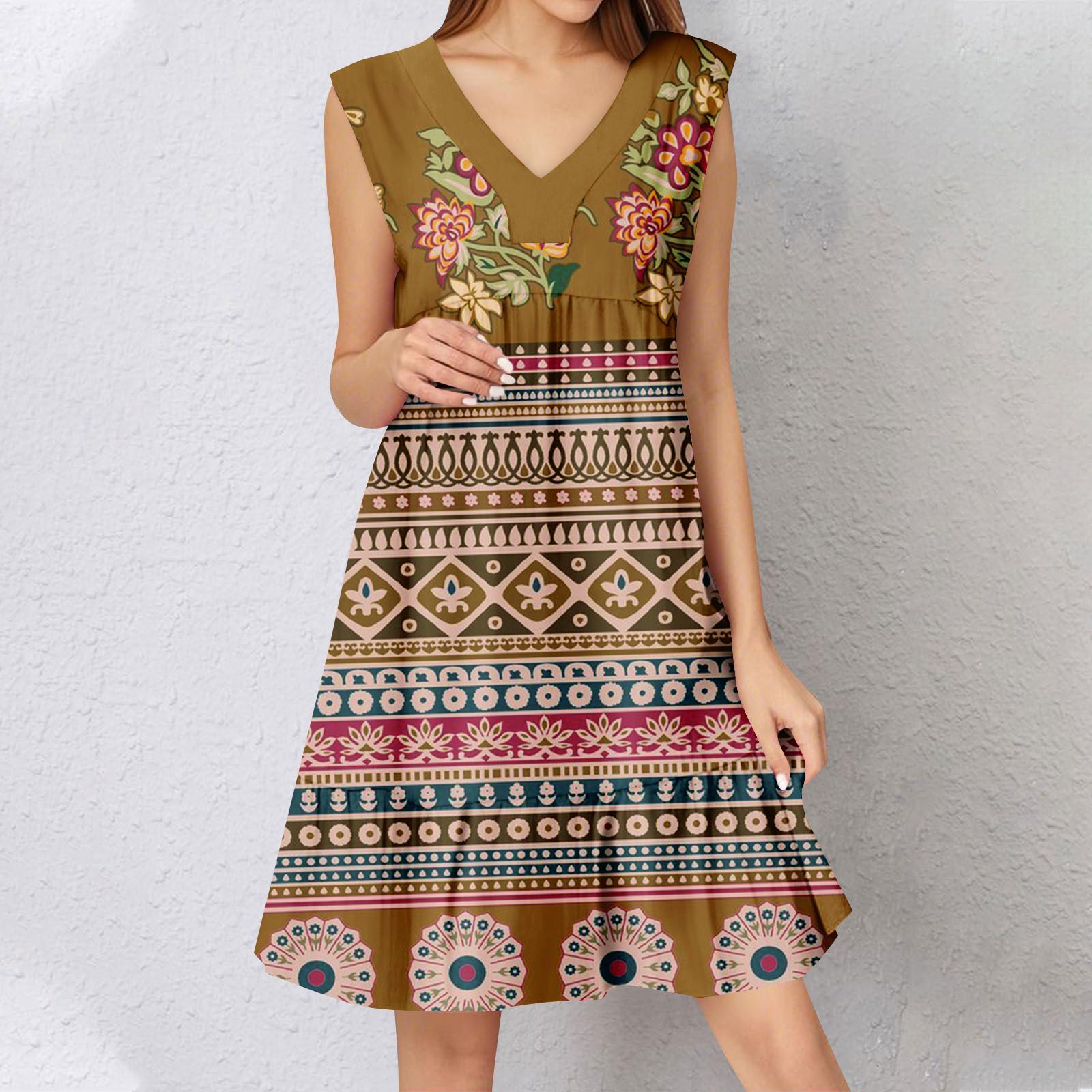 

Женское летнее платье без рукавов с V-образным вырезом и принтом, короткие платья, модное повседневное струящееся бохо-платье с оборками, свободное платье-сарафан M кофейный