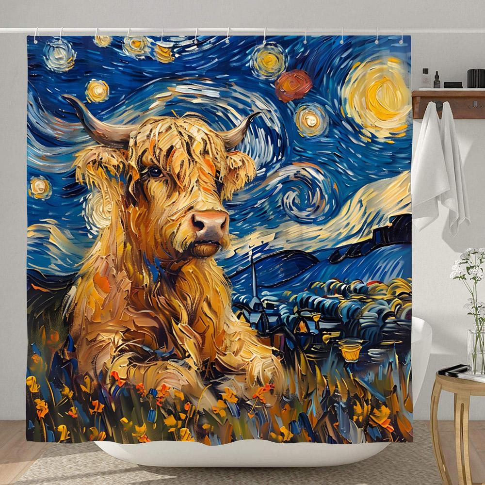Morsomt dusjforheng med høylandsfe Rustikk landlig ku Tegneserie Dyre Dusjforheng Polyesterstoff Hjem Baderomsdekor