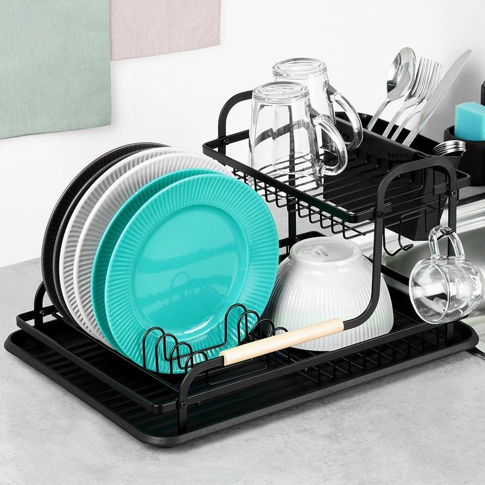 Large Drainer for Dishes, Plates, Cutlery, 2-tier, Black