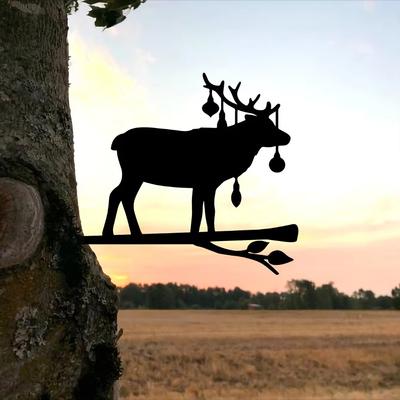 Elch-Weihnachts-Wanddekoration auf einem Zweig, Eisenkunst, Metall-Silhouette, für Haus, Garten, Hof, Terrasse und als Dekoration für Statuenpfähle im Freien