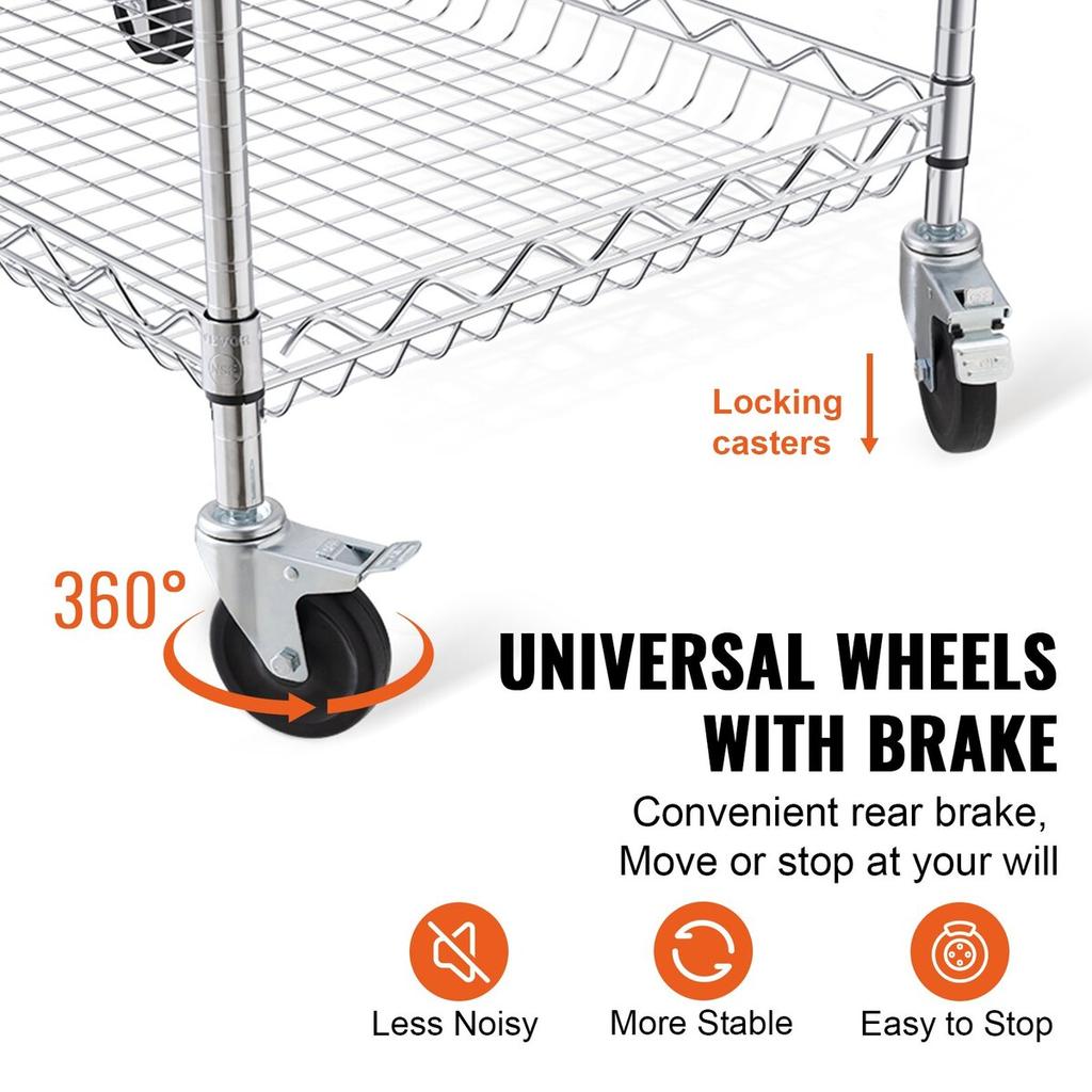 Kitchen Utility Cart, 3 Tiers, Wire Rolling Cart with 661LBS Capacity, Steel Service Cart On Wheels, Metal Storage Trolley with 80mm Deep Basket