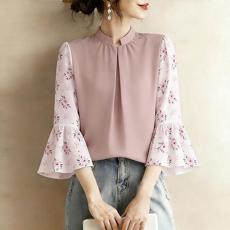 ZANZEA Women Casual Floral Print Splice 3/4 Sleeve Loose Blouse