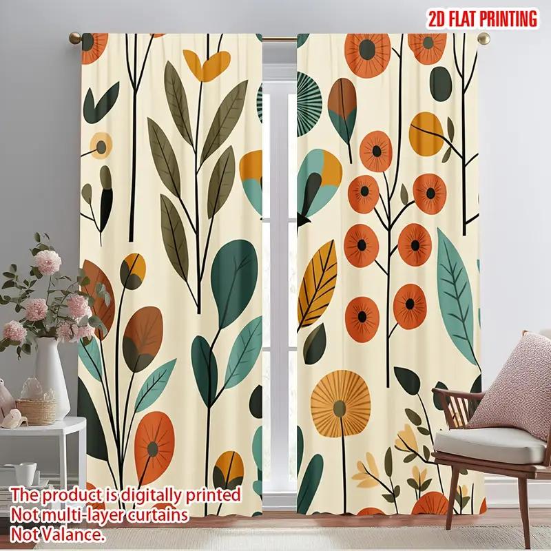 2pcs Retro Floral Leaf Printed Curtains, Designed for Light Filtering, Quality Material, Ideal for Daily Home Window Decoration,
