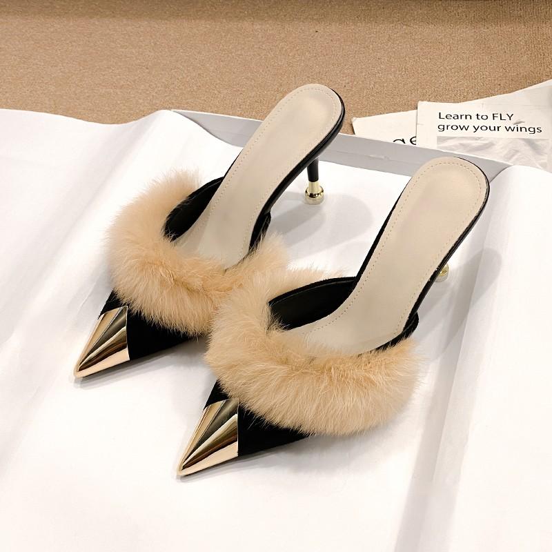 Fashion Women's Metal Pointed High Heels Spring Baotou Shallow Mouth Leather Cover Foot Anti-slip Wear-resistant Slippers