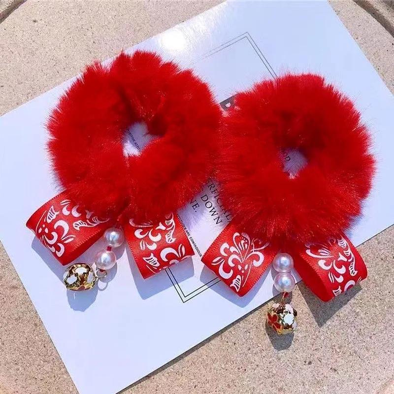 2PCS New Tassel Big Red Chinese-style Hair Accessories Cute Children’s Day And New Year Performances Imitation Rabbit Hair Loops