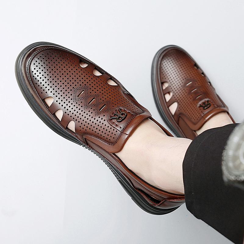 Vysoce kvalitní pánská formální business obuv z pravé kůže, letní černé/hnědé kožené sandály, módní prodyšná děrovaná pánská obuv