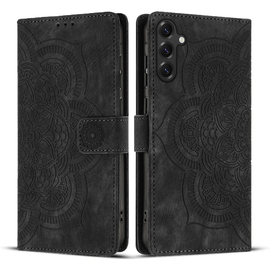 

For Samsung Galaxy S25+ Leather Case WANLONFENG HDM Series Mandala Imprint Wallet Stand Phone Cover Black