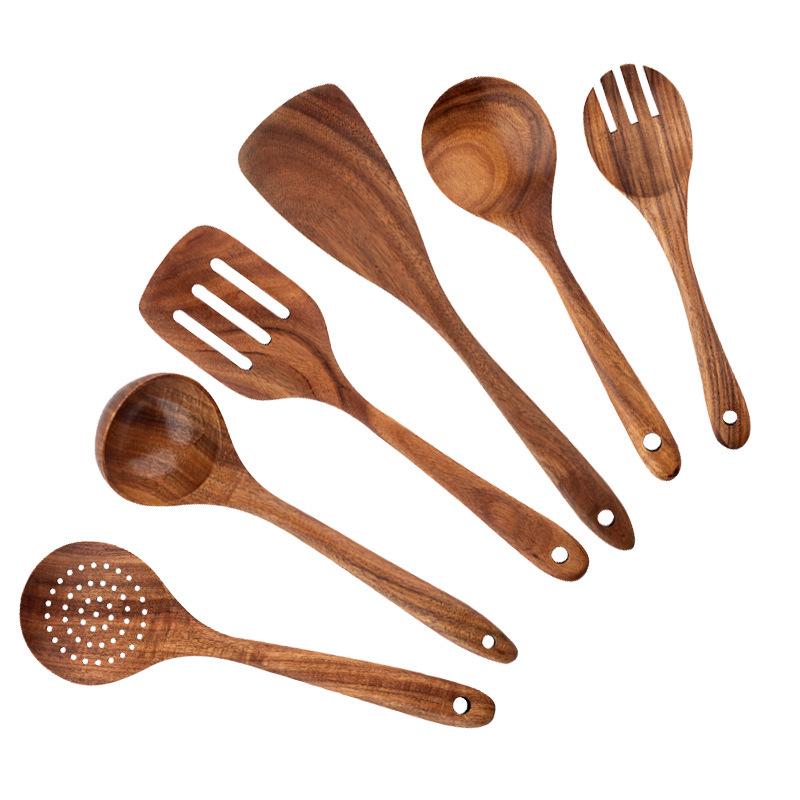 Teak 9-Piece Kitchen Set: Solid Wood Spatula, Spoon, Fork, Non-stick Pan, Acacia Wood Utensils, Long Handle Pot & Vegetable Spatula