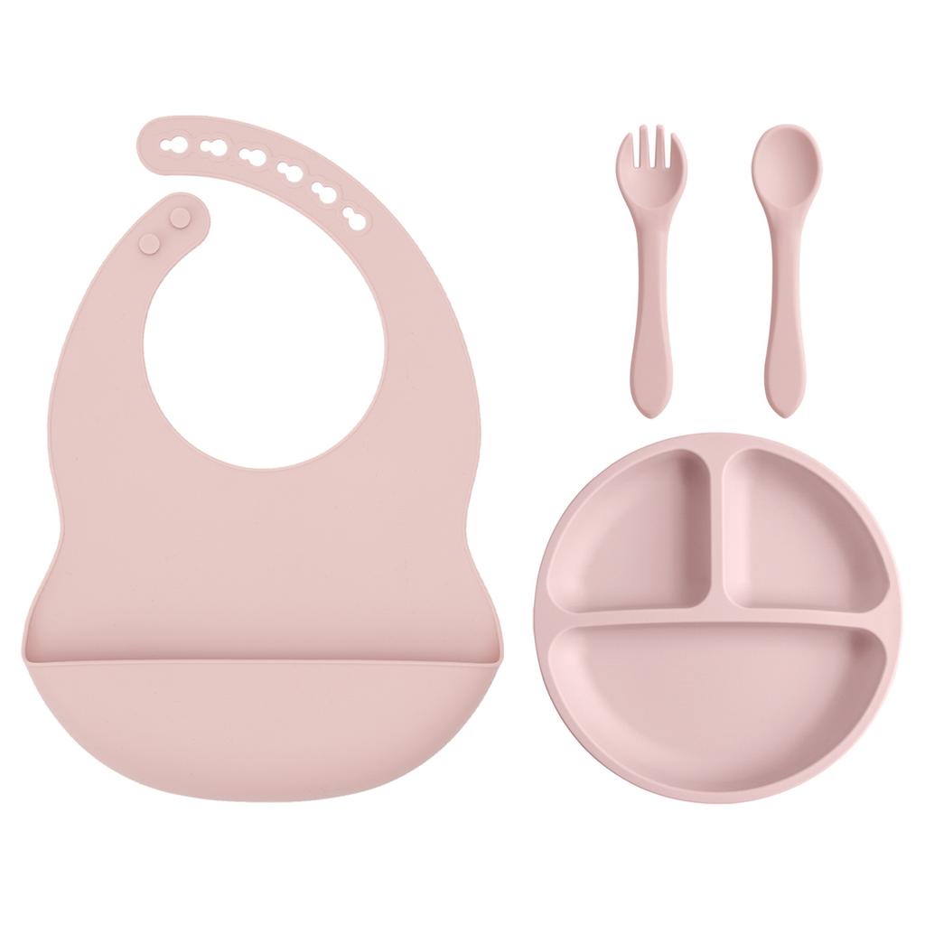 Color Kids 4PCS Baby Silicone Feeding Set Suction Plate BPA Free Waterproof Bib Portable Spoon Fork Toddler Training Tableware
