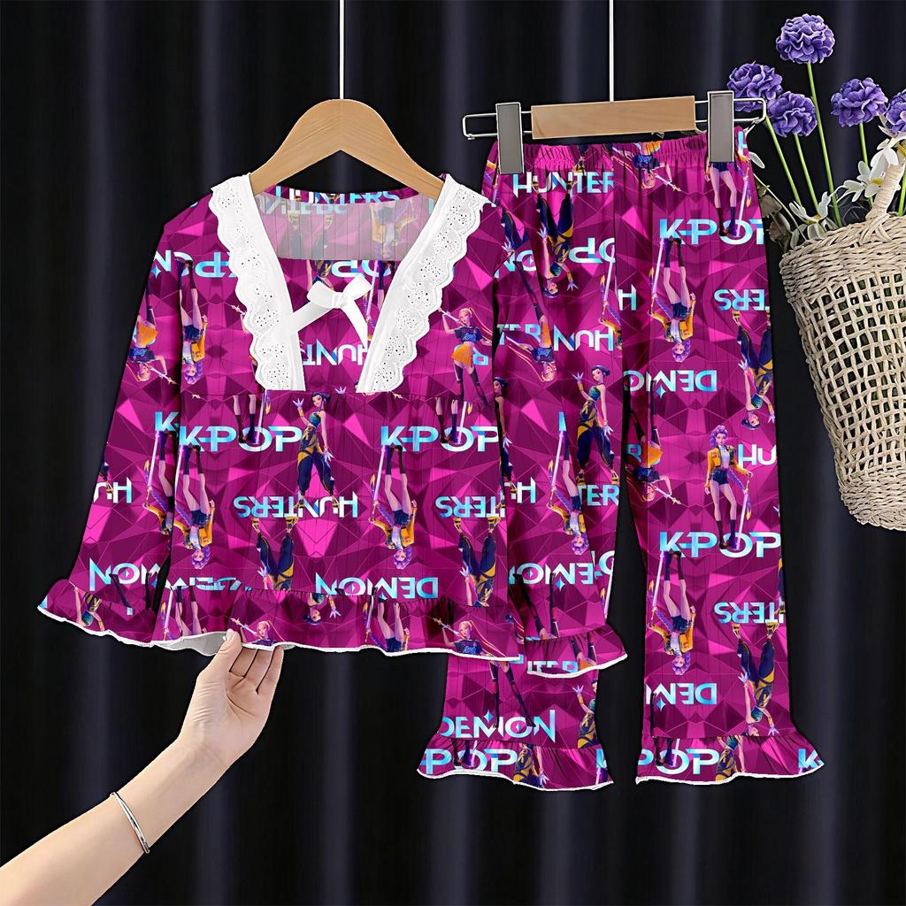 Kids' and Women's Spring Autumn Cartoon Pajama Set - Long Sleeve, Long Pants, KPOP Square Neck Homewear for Middle Large Child Girls