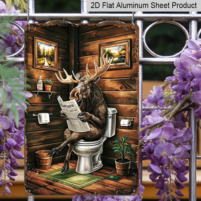 2D Vlak - "Eland Leest Krant" Grappig Toilet 2D Vlak Aluminium Bord - Rustieke Badkamer Decoratie Badkamer Decoratie, Rustiek Toilet, Boerderij Toilet
