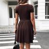 Solid Color Square Neck Short Sleeve Pleated Casual Mini Dress