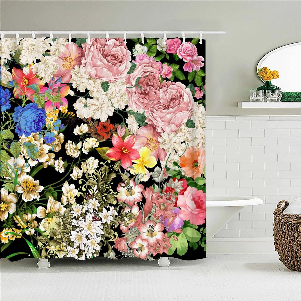 Flower leaf Printing Shower Curtain Waterproof 3D Fabric Floral Plant leaves Bathroom Curtain with 12 Hooks Home Decoration