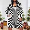 Women Plus Size V Neck Long Sleeve Black White Geometric Printed Fitted Dress