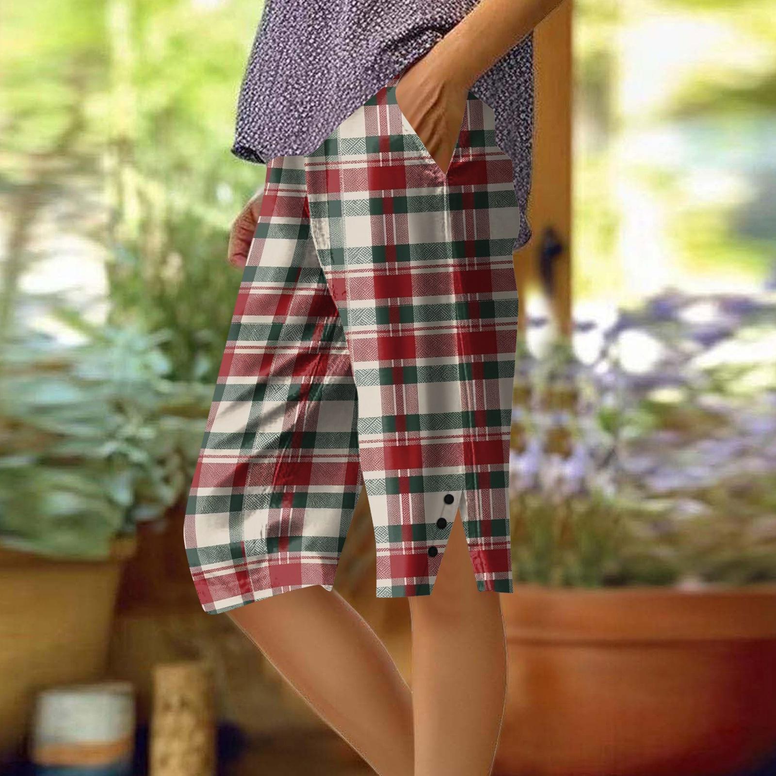 

Women s Printing Pants Fashionable Pocket Elastic Waist Casual Shorts XL винний