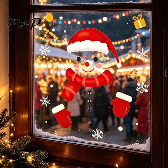 DIY Winter Scene Decor Christmas Static Window Clings, Smiling Snowman Decals with Snowflake Removable PVC Wall Art Patterns, Waterproof Glass