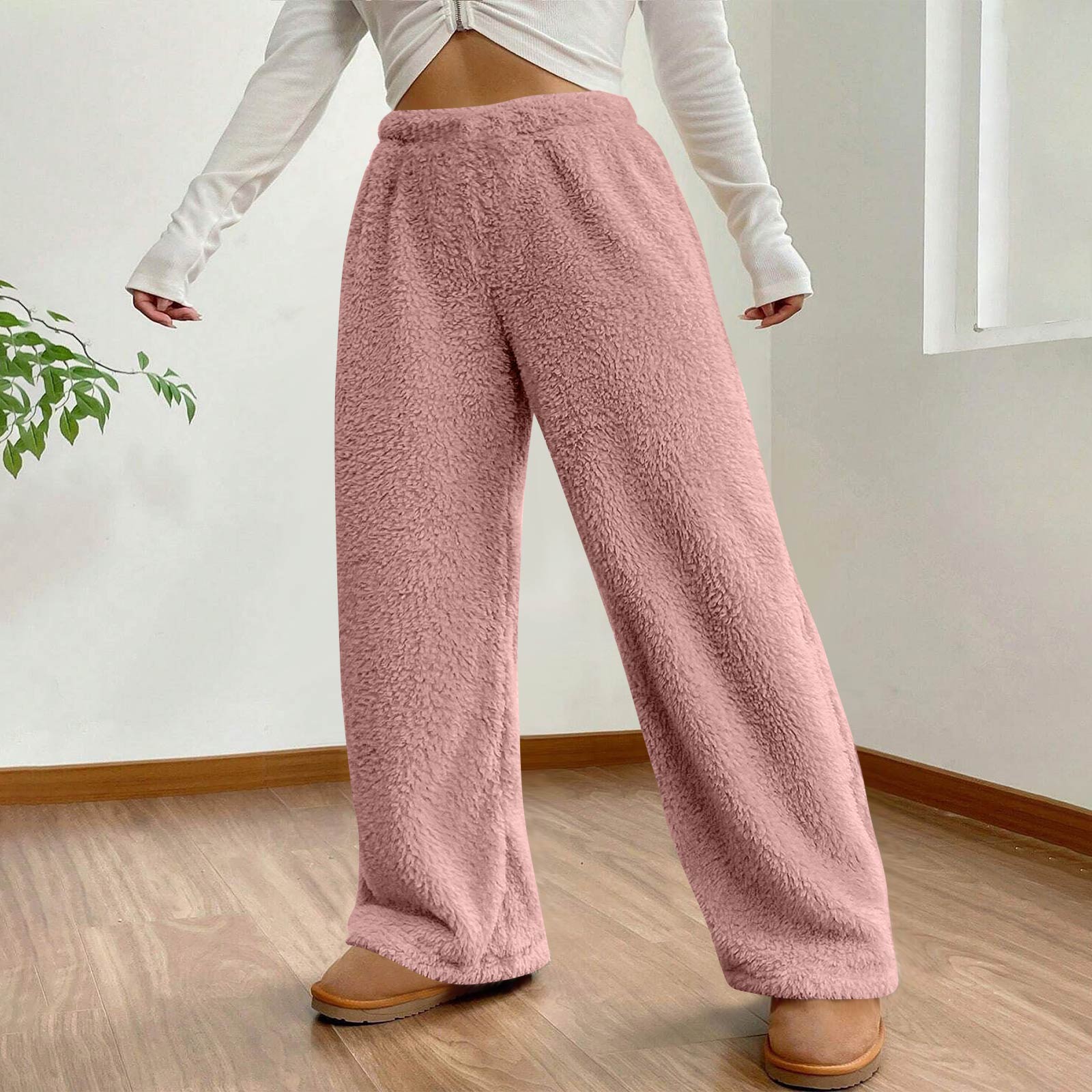 

Женские осенне-зимние однотонные модные брюки на флисовой подкладке, повседневные брюки свободного кроя, удобные флисовые брюки XL розовый