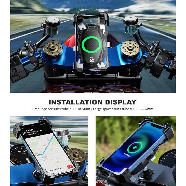 Kewig Motorcycle Fork Stem Phone Mount With Qi 15W Wireless Charger & USB C 20W Fast Charging Port, One-Push Automatically Lock & Quick Release