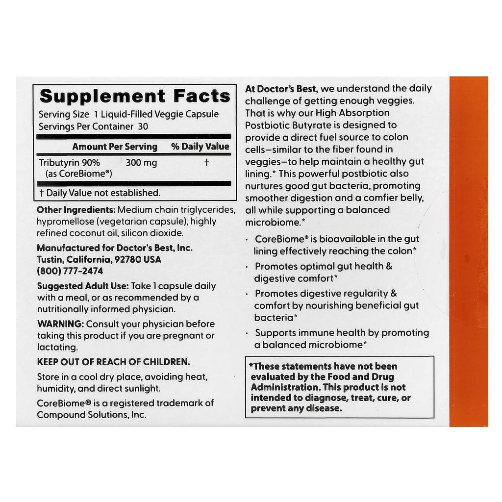 Doctor's Best High Absorption Postbiotic Butyrate, Veggie Capsules, 30 (300Mg/Capsule)