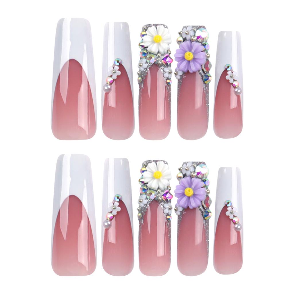 French White Edge Nail Blush Glitter Flower Manicure Film Super Long Pearl Fake Nail White Romantic Nail Film