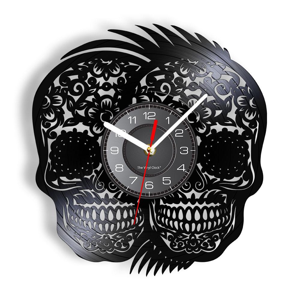 Schädel-Kopf-Vinyl-Schallplatten-Wanduhr im Alter von Skelett-Kopf-Wanduhr, Skelett-Vampir-Männer, Halloween-Dekor, Wandbehang-Uhr