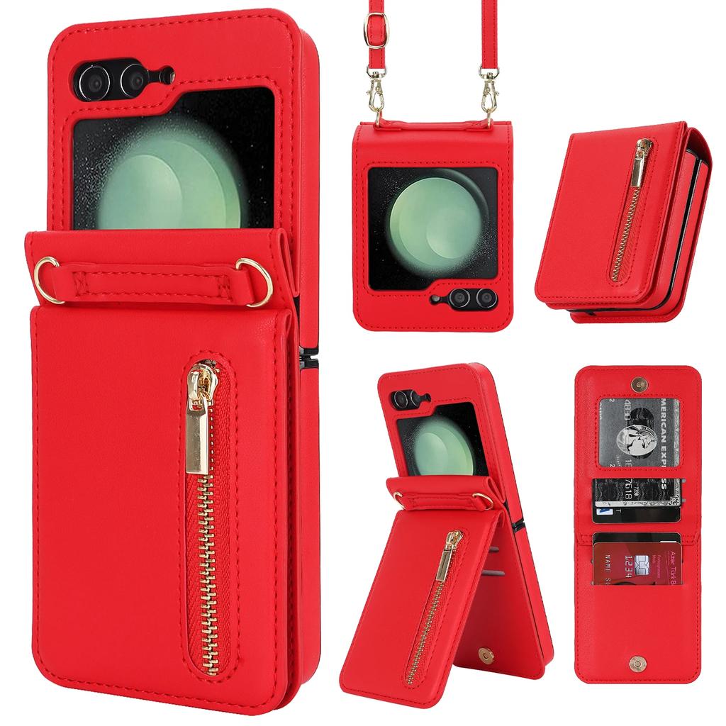 Zipper Wallet Vertical Cards Solt Crossbody Case for Samsung Galaxy Z Flip 7 SE 6 5 4 Shoulder Strap Lanyard Holder Purse Cover