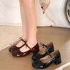 Retro red bow thick heel light mouth single shoes women's 2025 new versatile round head height increase Mary Jane small leather shoes