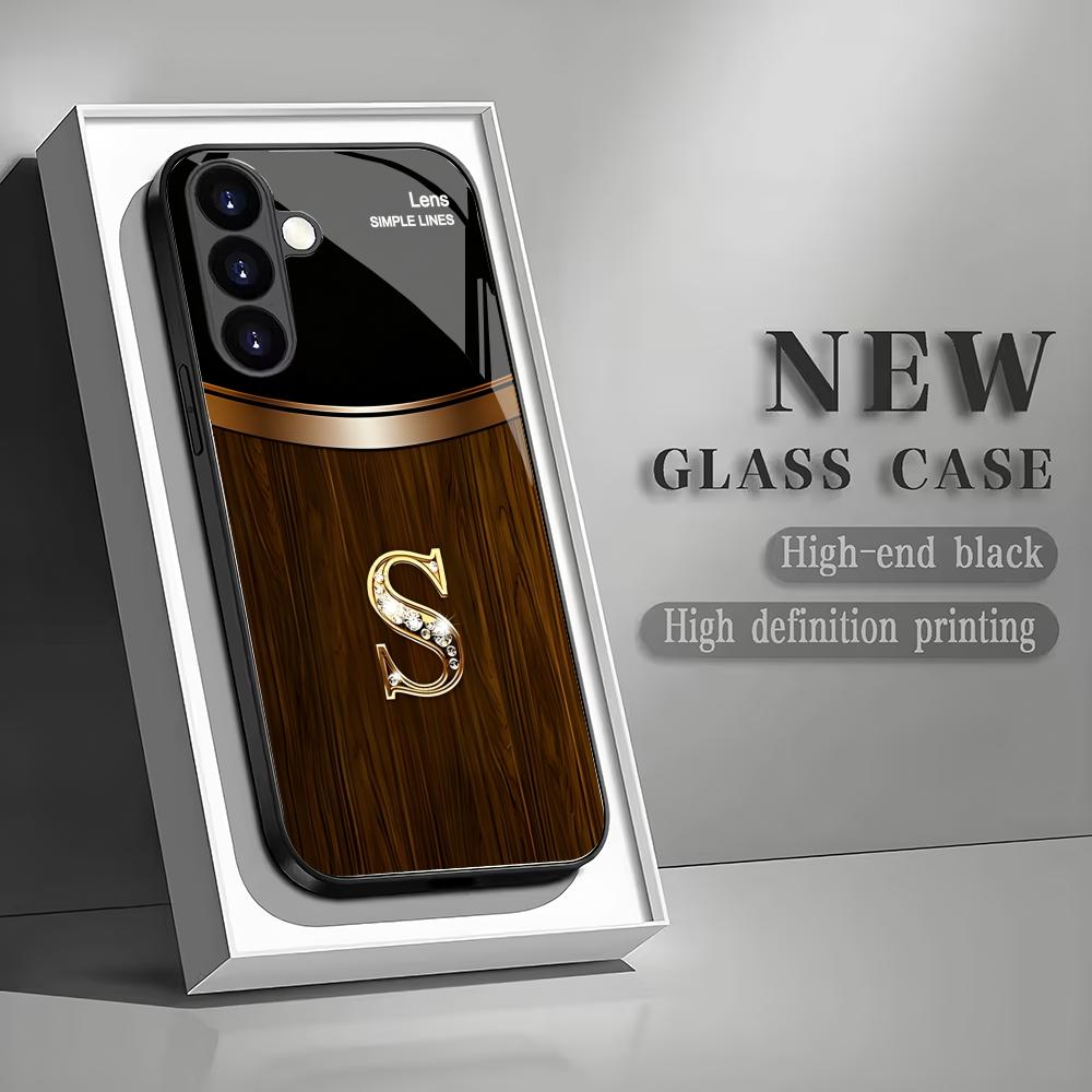 

Wood grain letter S black glass phone case suitable for Samsung Galaxy S26 S25 S24 S23 S22 S21 S20 FE/Ultra/Plus anti drop GalaxyS26Ultra