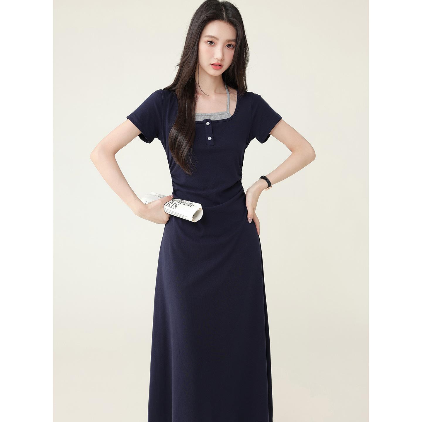 

Летний двухкомпонентный трикотажный комплект с цветной отделкой на талии, платье с коротким рукавом L тёмно-синий