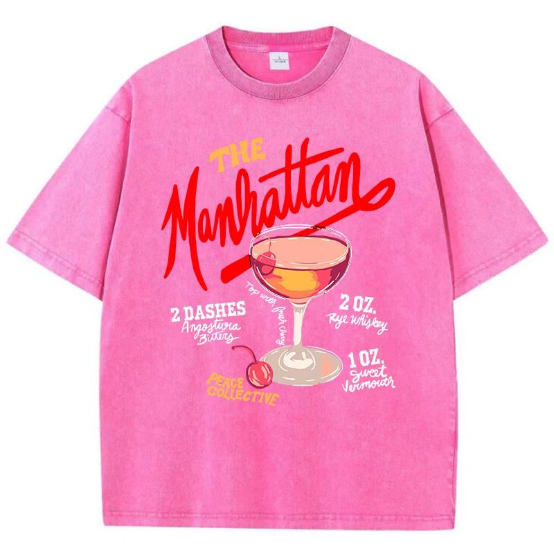 Oversized Women Washed T-Shirts The Manhattan Cherry Cocktail Printed Tee Shirts Distressed Crewneck Cotton Tees Clothes