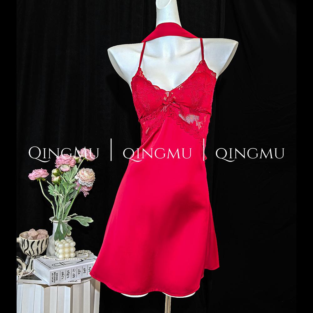 New acetate silk suspender nightgown women's 1011 spring and summer sexy pajamas with chest pads hollow nightgown thin summer