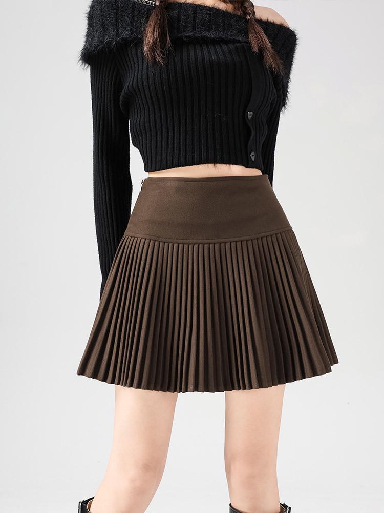 Women's A-Line Pleated Wool Skirt In Dark Gray - Retro College Style, High Waist, Plus Size, Slimming for Spring 2026