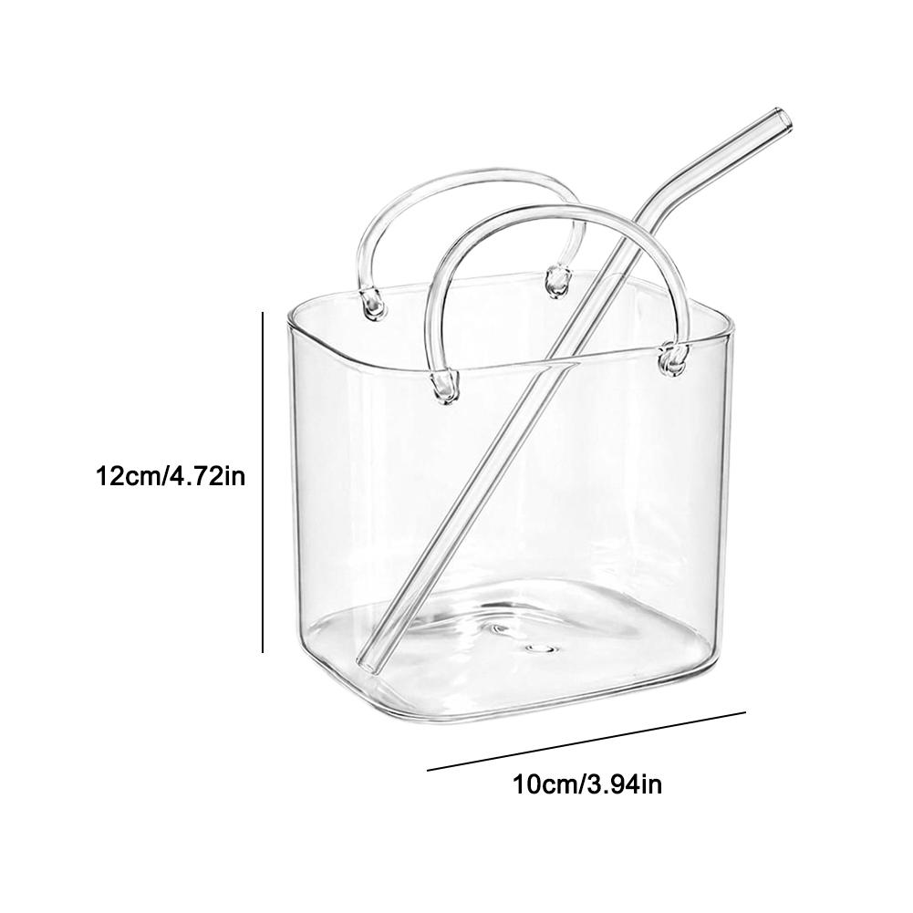 Glass Drinkware Glass Purse with Straw Drinks Creative Handbag Shaped Cocktail Whiskey Glass Cups for Fruit Juice Tea Flowers