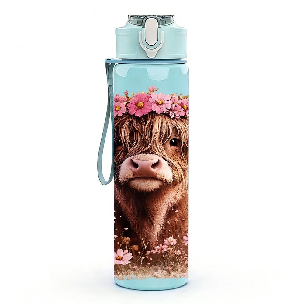 1PC Flower Crown Highland Cow Print 750ml Color Plastic Sports Water Bottle Leakproof Flip Straw Lid Suitable for Sports Office Home Use