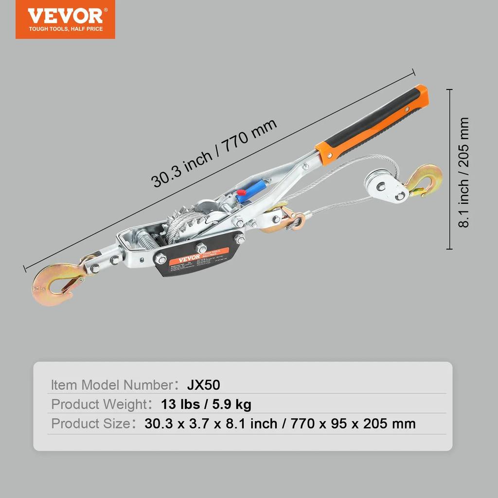 VEVOR Come Along Winch, 5 Ton (5,000 Kg) Pulling Capacity, 3.5 M Steel Cable, 3 Hooks, Heavy Duty Ratchet Power Puller Tool with Dual Gears