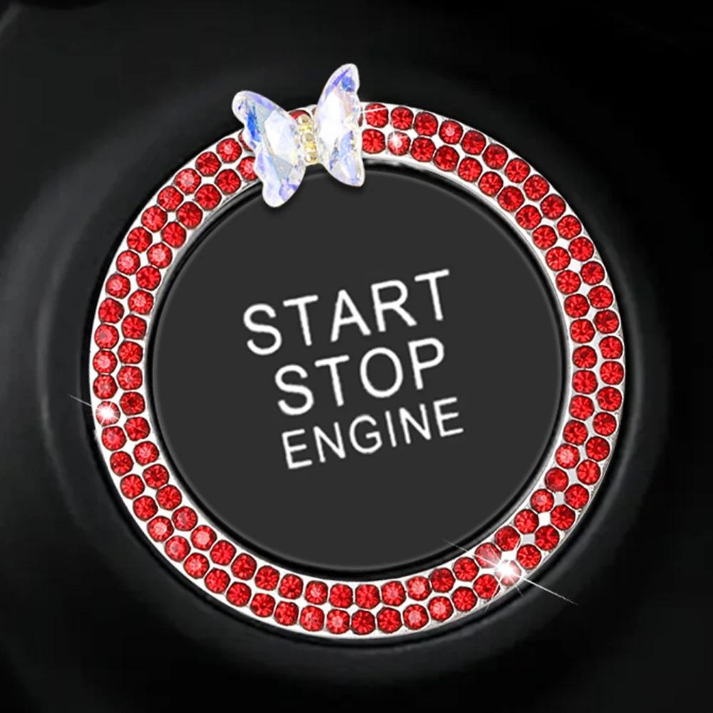 Rhinestone Crystal Butterfly Ring Car Ignition Button Decorative Cover Anti-Corrosion Easy To Install Car Accessories Interior