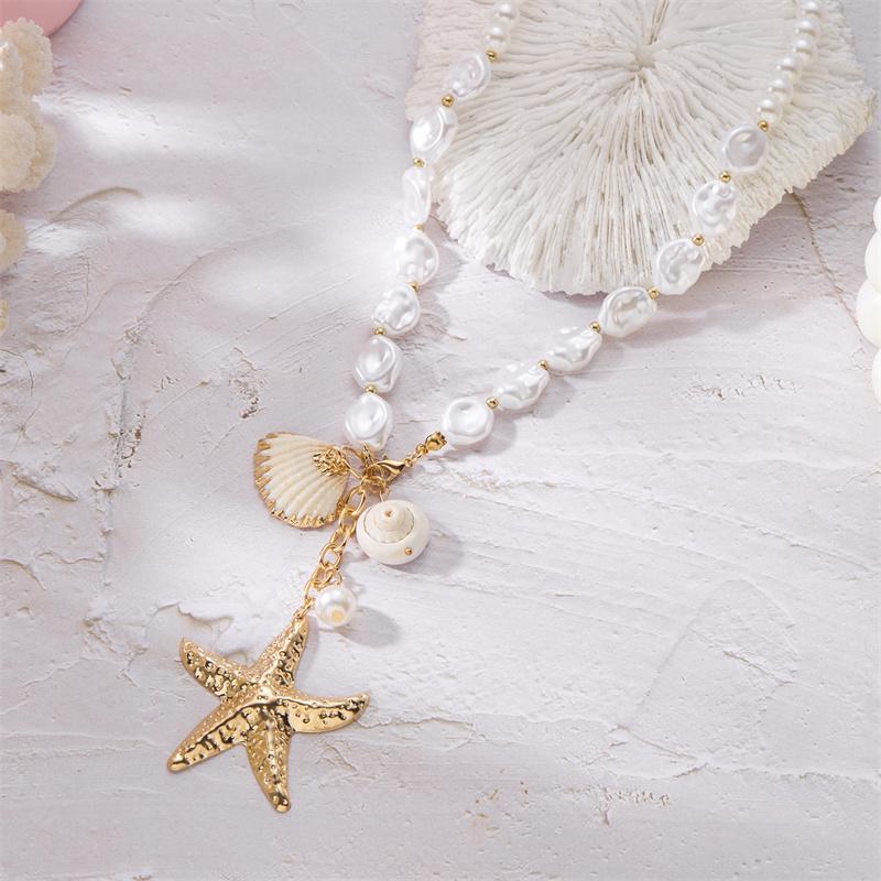 Fashion Irregular Imitation Pearls Shell Necklace for Women Exaggerated Metal Starfish Pendant Necklace Bohemian Jewelry Gifts