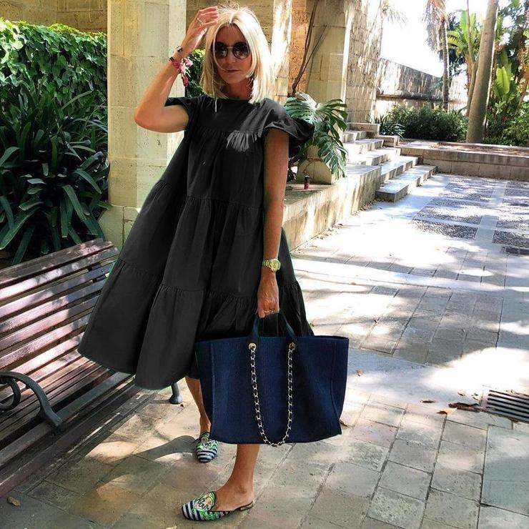 

Женское повседневное свободное мини-платье с плиссировкой и короткими рукавами - Однотонное в стиле пэчворк M чёрный