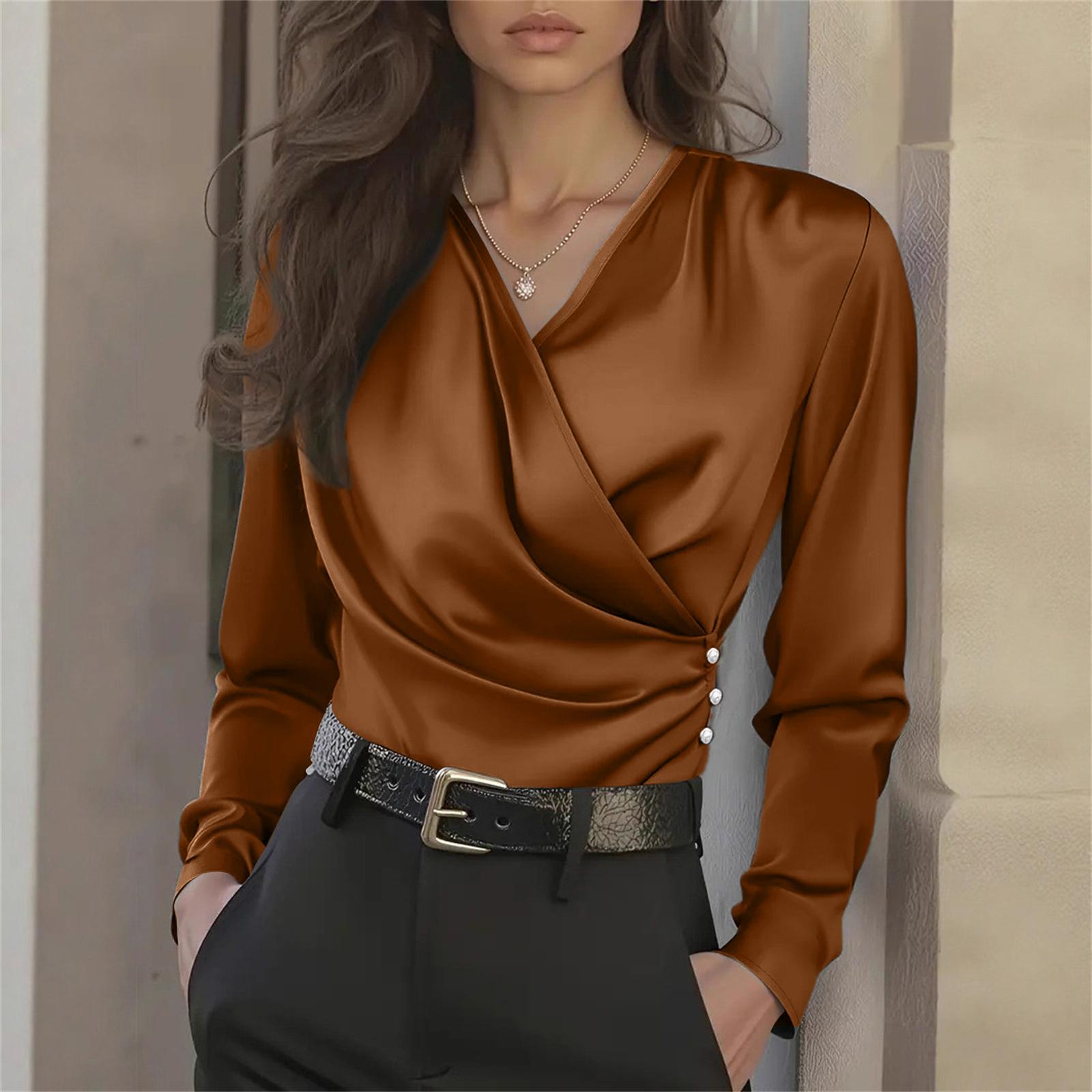 Women s French Luxury V-Neck Slim Fit Elegant Versatile Blouse S кофейный