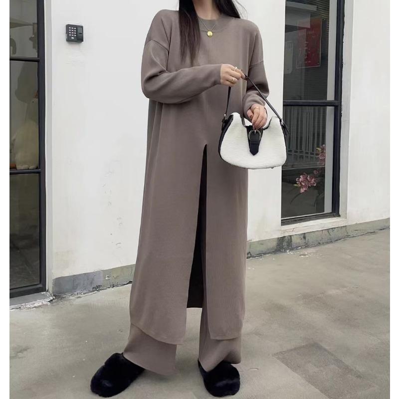 Lazy large size split two-piece sweater autumn and winter new wide-leg pants medium and long pullover knitted sweater set