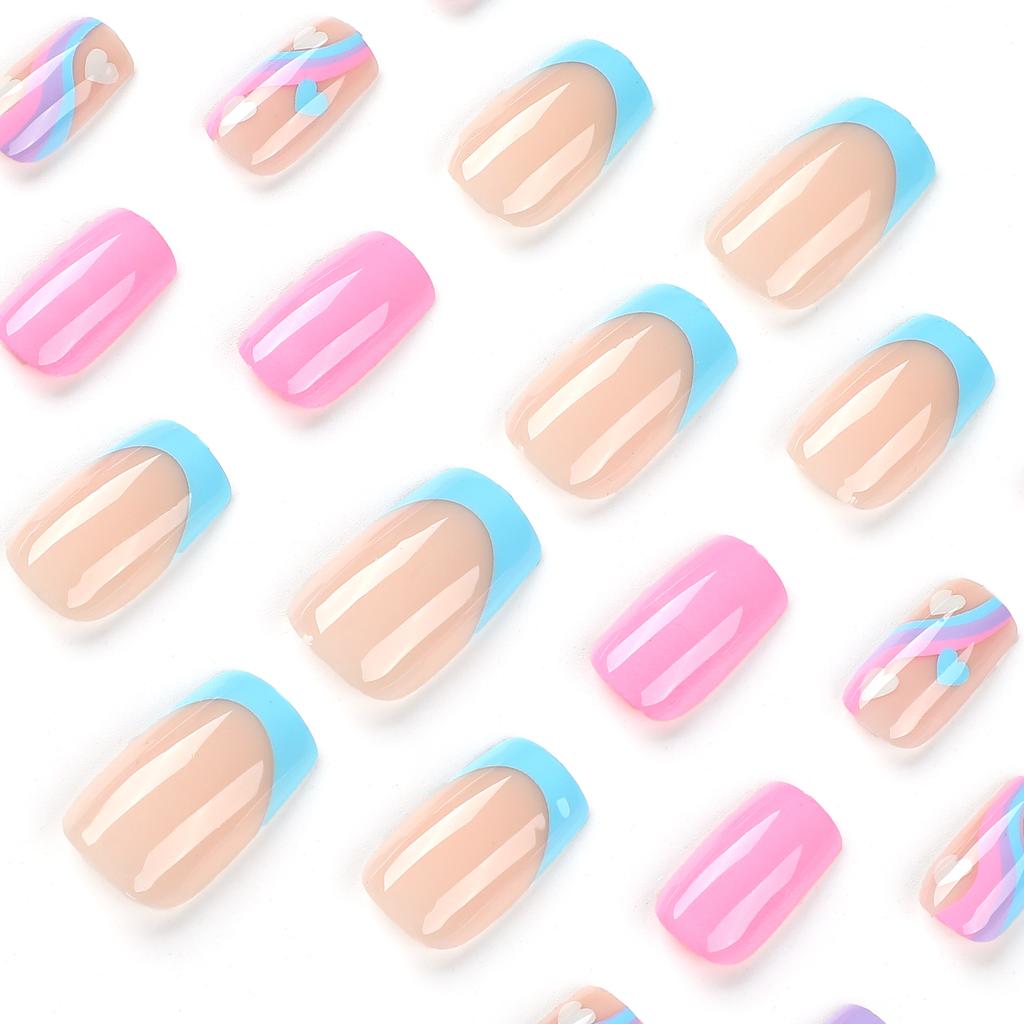 Wearing nail blue French purple nail multicolor wavy white love nail finished nail