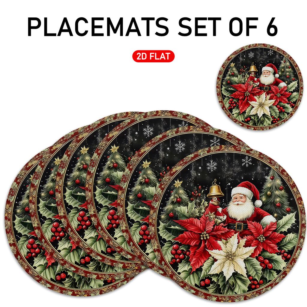 of 4/6 Round Placemats with a Christmas Theme Featuring Santa Claus, Bells, Poinsettias, And Snowflakes, Suitable for Holiday for party Decor, Family