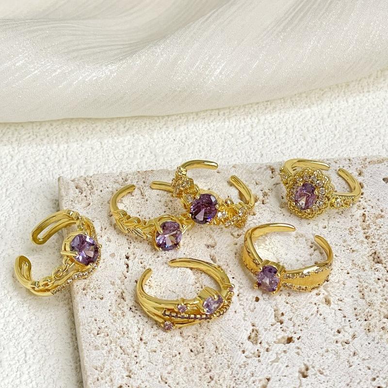 Retro Purple Diamond Colored Treasure Zircon Medieval Brushed Open Ring Gold Light Luxury High-End Niche Accessories Women