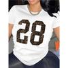 European Size Women'S White Vintage Graphic T-Shirt with Leopard Print Number 28 Design  All-Season Comfort Fit for Casual Attire, Parties & Events