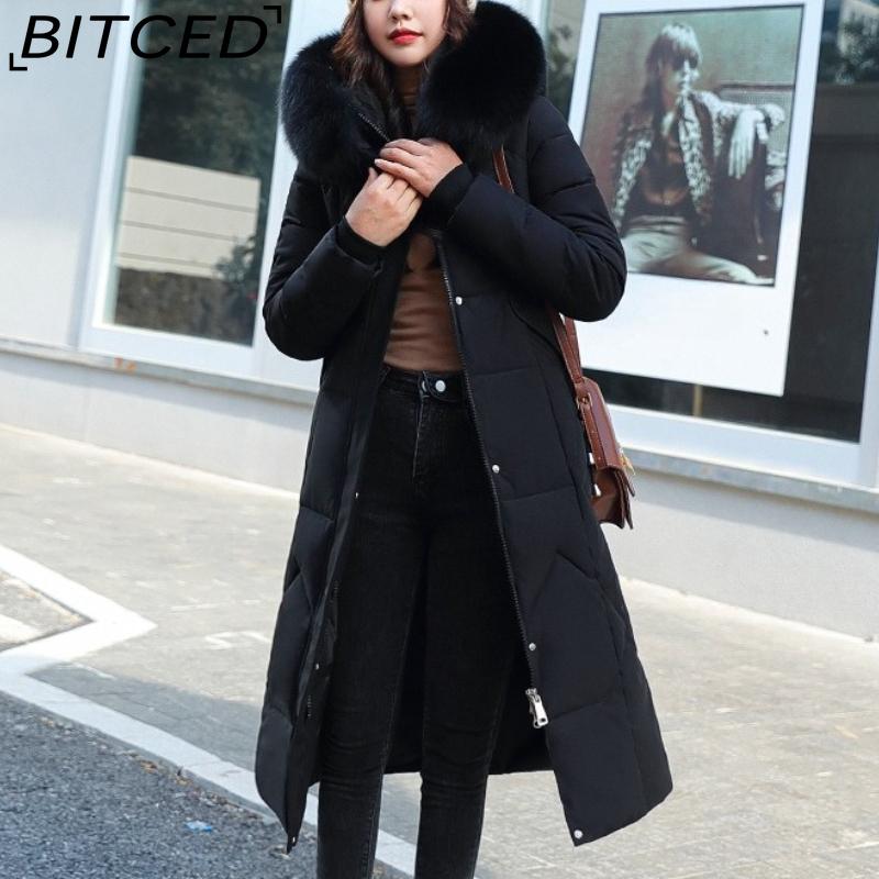 BITCED Winter Fashion Plus Size Cotton Coat for Women Long Waist-cinched Knee-length Thickened Coat with Large Fur Collar