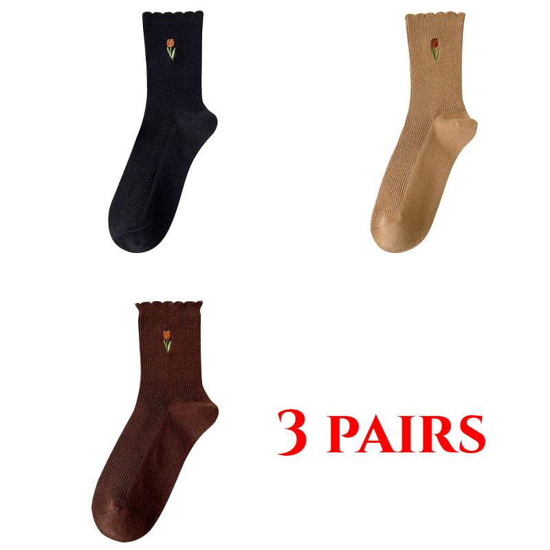 3 Pairs of Women's Socks Set Spring and Summer Thin Breathable Ruffle Edge Socks All Cotton Cute Women's White Printed Socks