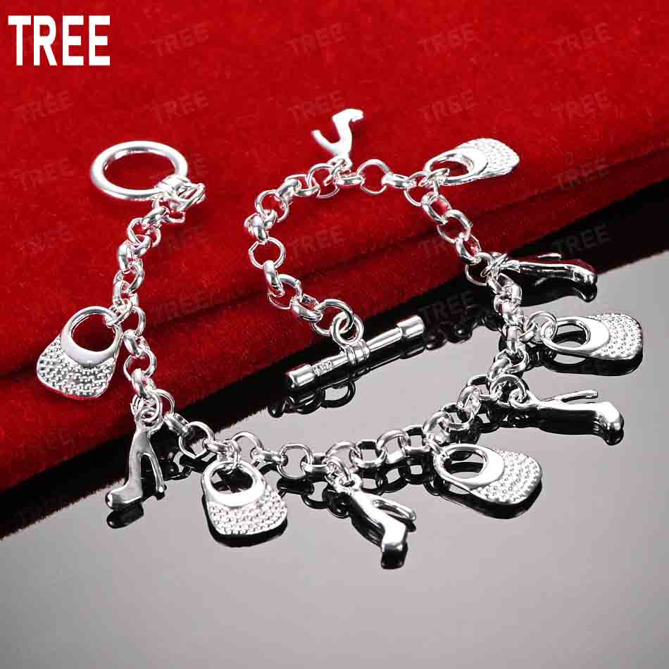 925 Sterling Silver Fashion Element Pendant Side Chain Beautiful Bracelet Gift Jewelry 20CM